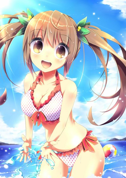 Anime picture 800x1131 with original uta (kuroneko) single long hair tall image looking at viewer blush breasts open mouth light erotic brown hair twintails yellow eyes girl swimsuit bikini sea