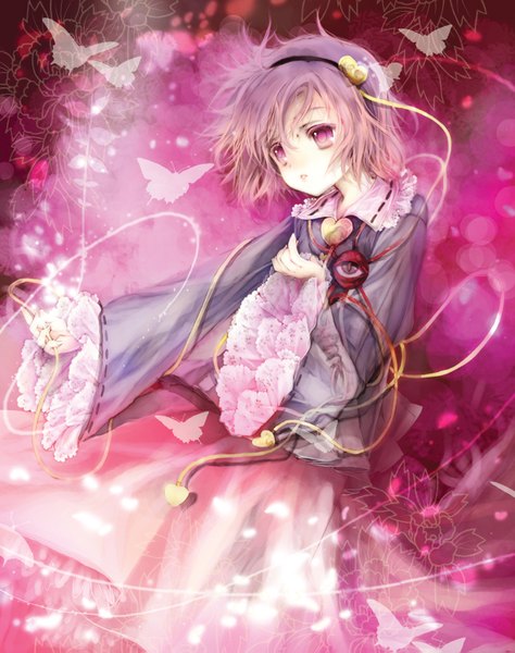 Anime picture 1220x1543 with touhou komeiji satori ooki bonta single tall image short hair pink hair pink eyes girl flower (flowers) heart hairband insect butterfly