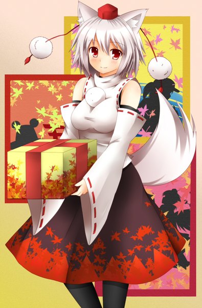 Anime picture 1450x2202 with touhou inubashiri momiji yuu (yu0221f) single tall image short hair red eyes animal ears white hair animal tail girl detached sleeves gift tokin hat