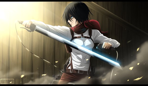 Anime picture 2112x1232 with shingeki no kyojin production i.g mikasa ackerman kortrex single highres short hair blue eyes black hair wide image holding profile sunlight coloring letterboxed dual wielding dust girl weapon sword