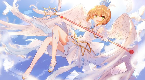 Anime picture 3474x1937 with card captor sakura clamp kinomoto sakura bison cangshu single looking at viewer blush fringe highres short hair open mouth smile hair between eyes brown hair wide image holding green eyes sky cloud (clouds) full body