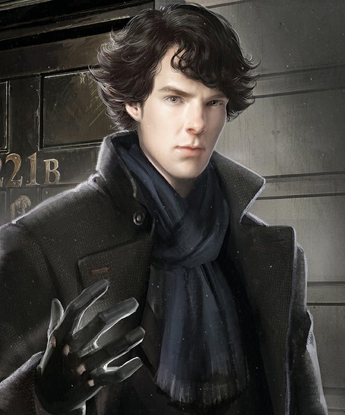 Anime picture 664x800 with sherlock holmes (series) sherlock (bbc) sherlock holmes sherlock holmes (sherlock) sakimichan single tall image looking at viewer short hair black hair outdoors lips realistic grey eyes wavy hair boy gloves black gloves scarf coat