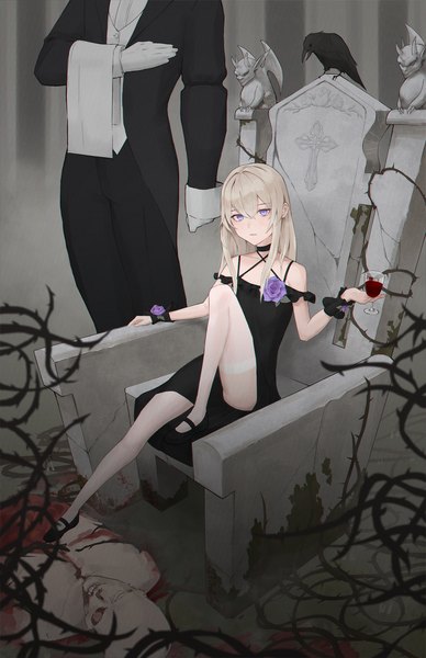 Anime picture 1546x2390 with original gaegoni long hair tall image looking at viewer fringe light erotic blonde hair hair between eyes sitting purple eyes holding payot full body bent knee (knees) head out of frame butler girl dress boy