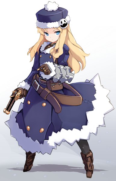 Anime picture 964x1500 with sekaiju no meikyuu gunner karukan (monjya) single long hair tall image looking at viewer blue eyes blonde hair simple background standing full body gradient background girl gloves weapon gun cap pistol fanny pack