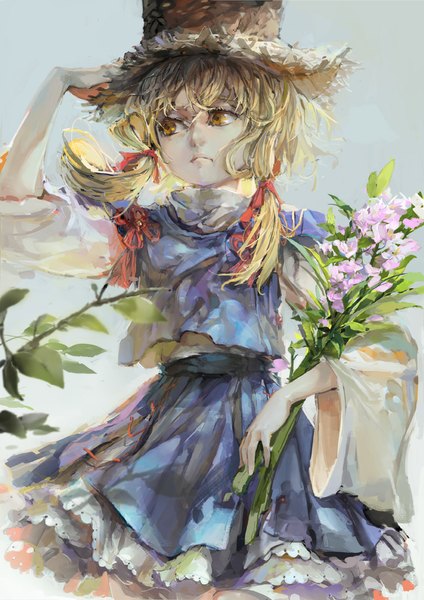 Anime picture 707x1000 with touhou moriya suwako relax (artist) single long hair tall image blonde hair yellow eyes looking away girl skirt flower (flowers) plant (plants) hat vest skirt set straw hat lace blouse