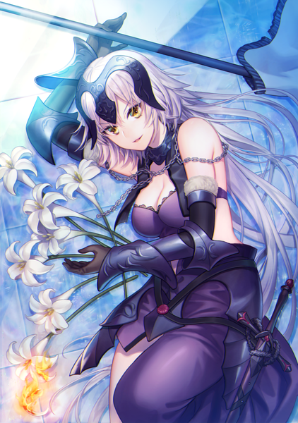 Anime picture 704x1000 with fate (series) fate/grand order jeanne d'arc (fate) (all) jeanne d'arc alter (fate) jeanne d'arc alter (avenger) (third ascension) (fate) yamyom single tall image looking at viewer fringe breasts open mouth hair between eyes bare shoulders yellow eyes payot cleavage silver hair lying very long hair
