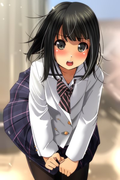 Anime picture 800x1200 with original matsunaga kouyou single long hair tall image looking at viewer blush open mouth black hair brown eyes wind leaning leaning forward girl skirt uniform school uniform