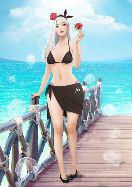 Anime picture 1191x1684 with original mio (jubi) jubi (regiana) single long hair tall image looking at viewer breasts light erotic smile standing brown eyes signed cloud (clouds) white hair nail polish hair flower lipstick eyeshadow red lipstick