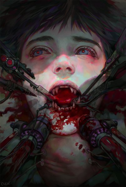 Anime picture 850x1262 with original cucuzi single tall image short hair open mouth blue eyes black hair signed looking away teeth fang (fangs) creepy boy blood tools