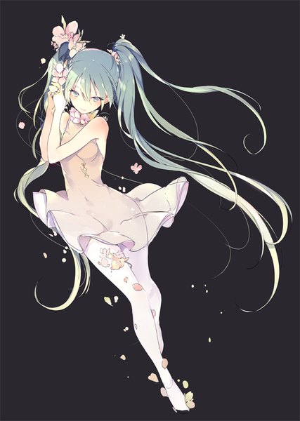 Anime picture 700x984 with vocaloid hatsune miku lpip single tall image blush fringe simple background hair between eyes twintails bare shoulders full body very long hair hair flower aqua eyes aqua hair black background girl dress flower (flowers)