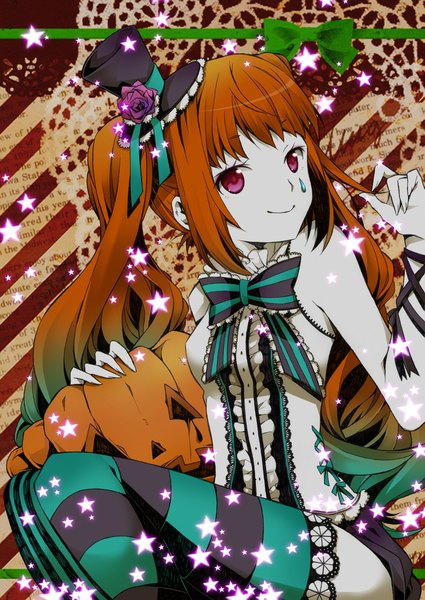 Anime picture 1198x1690 with vocaloid mrs.pumpkin no kokkei na yume (vocaloid) hatsune miku kurisu sai single long hair tall image smile red eyes twintails orange hair girl thighhighs dress bow hat striped thighhighs