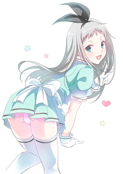 Anime-Bild 750x1061 mit blend s a-1 pictures kanzaki hideri satou satoru single long hair tall image looking at viewer open mouth light erotic simple background white background silver hair looking back aqua eyes leaning pantyshot leaning forward puffy sleeves victory