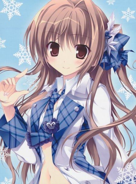 Anime picture 3881x5230 with original karory single long hair tall image blush highres smile brown hair brown eyes absurdres scan girl navel hair ornament necktie snowflake (snowflakes)
