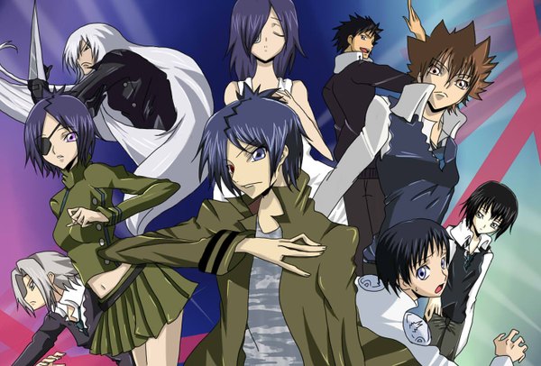 Anime picture 1400x948 with code geass katekyou hitman reborn sunrise (studio) sawada tsunayoshi rokudo mukuro gokudera hayato chrome dokuro yamamoto takeshi superbi squalo li xingke tagme (artist) brown hair multiple girls purple hair white hair multiple boys heterochromia group dual persona parody