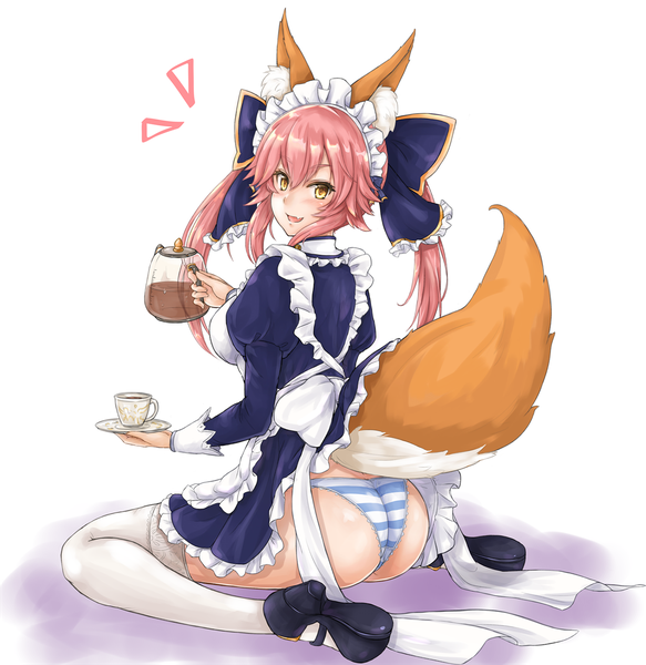 Anime picture 1400x1440 with fate (series) fate/extra tamamo (fate) (all) tamamo no mae (fate) brde single long hair tall image blush fringe open mouth light erotic simple background hair between eyes white background sitting twintails holding animal ears yellow eyes