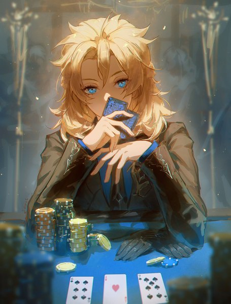 Anime picture 1330x1754 with genshin impact albedo (genshin impact) zieru single tall image looking at viewer fringe short hair blue eyes blonde hair hair between eyes upper body covered mouth boy gloves card (cards)