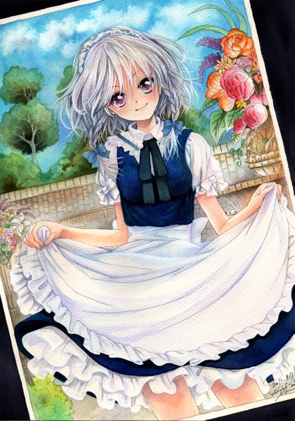 Anime picture 1051x1500 with touhou izayoi sakuya mosho single tall image looking at viewer blush short hair smile purple eyes signed sky cloud (clouds) braid (braids) grey hair maid twin braids traditional media watercolor (medium) girl