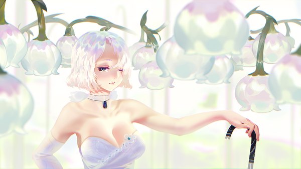 Anime picture 1600x900 with original karasu-san (syh3iua83) single looking at viewer fringe short hair light erotic hair between eyes wide image bare shoulders holding cleavage upper body white hair one eye closed blurry outstretched arm multicolored eyes girl gloves