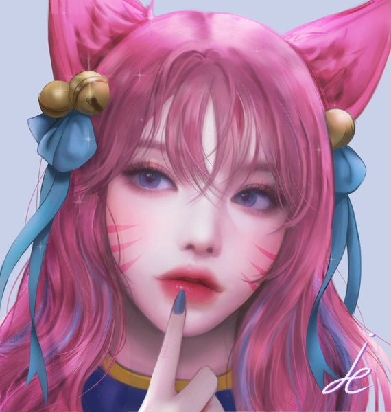 Anime picture 3211x3382 with league of legends ahri (league of legends) spirit blossom ahri pinker single long hair tall image fringe highres blue eyes simple background hair between eyes signed animal ears looking away pink hair absurdres upper body nail polish parted lips