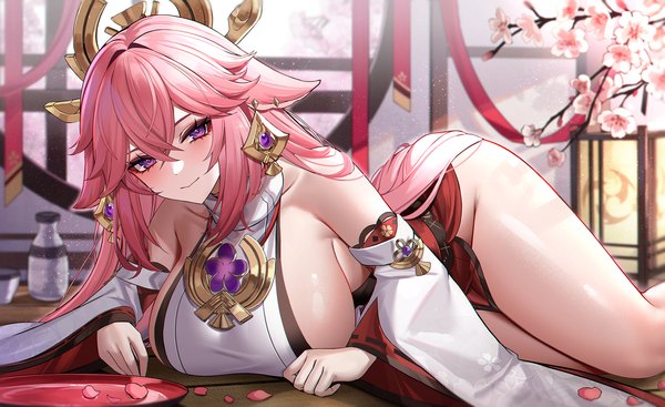 Anime picture 1963x1200 with genshin impact yae miko eternity (shadeh) single long hair looking at viewer fringe highres breasts light erotic smile hair between eyes wide image large breasts purple eyes bare shoulders animal ears pink hair indoors traditional clothes
