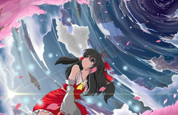Anime picture 1400x908 with touhou hakurei reimu black hair sky cloud (clouds) cherry blossoms girl skirt petals skirt set