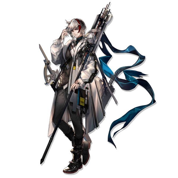 Anime picture 1024x1024 with arknights elysium (arknights) skade single looking at viewer short hair standing silver hair full body multicolored hair official art streaked hair standing on one leg transparent background boy weapon cloak