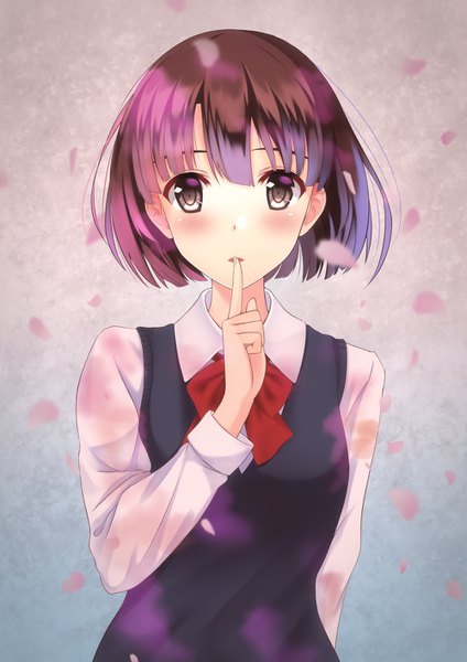Anime picture 1000x1414 with saenai heroine no sodatekata kuzu no honkai a-1 pictures katou megumi yasuraoka hanabi rko (a470350510) single tall image looking at viewer blush fringe short hair simple background brown hair brown eyes upper body parted lips gradient background finger to mouth cosplay