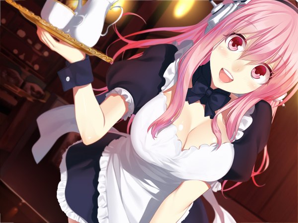 Anime picture 1320x990 with nitroplus super sonico hullabaloo single long hair looking at viewer blush open mouth light erotic pink hair pink eyes maid girl headdress headphones maid headdress tray