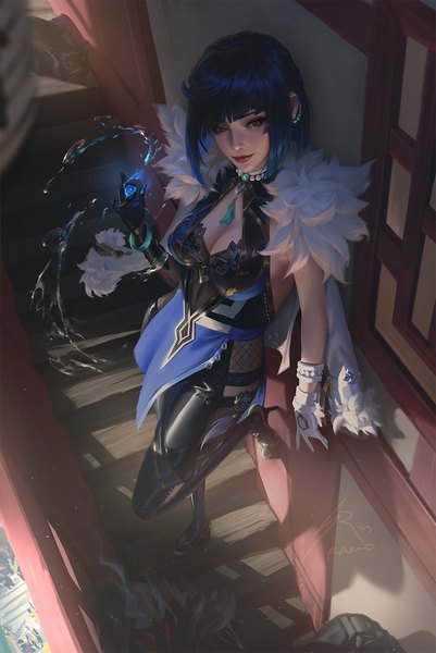 Anime picture 935x1400 with genshin impact yelan (genshin impact) raikoart single tall image blush fringe short hair breasts large breasts standing brown eyes blue hair looking away cleavage full body from above light smile lips realistic
