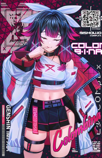 Anime picture 3300x5100 with genshin impact columbina (genshin impact) nekodayo22 single long hair tall image fringe highres light erotic black hair smile standing signed pink hair absurdres blunt bangs eyes closed long sleeves off shoulder open clothes