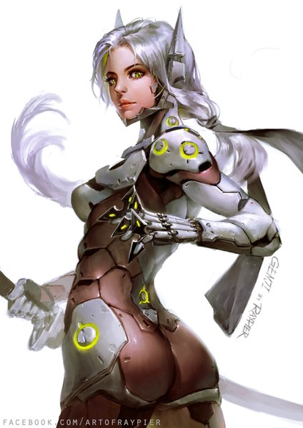 Anime picture 2480x3508 with overwatch blizzard entertainment genji (overwatch) raypier single long hair tall image highres light erotic simple background white background green eyes signed looking away silver hair ass looking back character names lipstick low ponytail