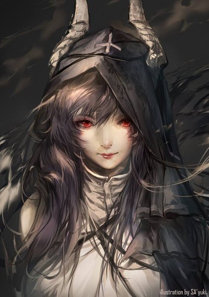 Anime-Bild 677x960 mit original sa'yuki single long hair tall image looking at viewer fringe black hair simple background smile hair between eyes red eyes signed upper body horn (horns) watermark black background black wings girl wings