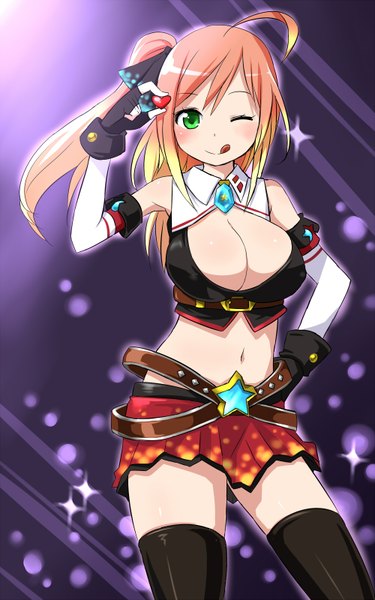 Anime picture 1000x1600 with original zaxwu single long hair tall image looking at viewer blush breasts light erotic blonde hair large breasts green eyes cleavage ahoge ponytail one eye closed wink sparkle midriff hand on hip