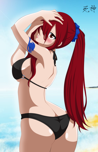 Anime picture 1280x1987 with fairy tail erza scarlet x-ray99 single long hair tall image blush fringe breasts light erotic large breasts brown eyes sky ponytail red hair looking back lips hair over one eye tattoo coloring