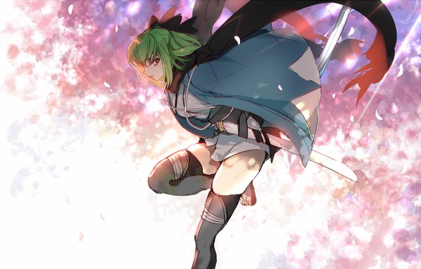 Anime picture 1253x800 with fate (series) fate/grand order code geass koha-ace sunrise (studio) c.c. okita souji (fate) (all) okita souji (koha-ace) creayus single fringe short hair yellow eyes looking away bent knee (knees) traditional clothes japanese clothes profile green hair cherry blossoms