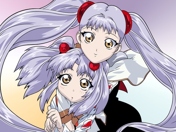 Anime picture 1600x1200 with martian successor nadesico xebec hoshino ruri uno makoto long hair looking at viewer smile twintails multiple girls brown eyes signed silver hair parted lips hug gradient background dual persona hug from behind time paradox girl 2 girls