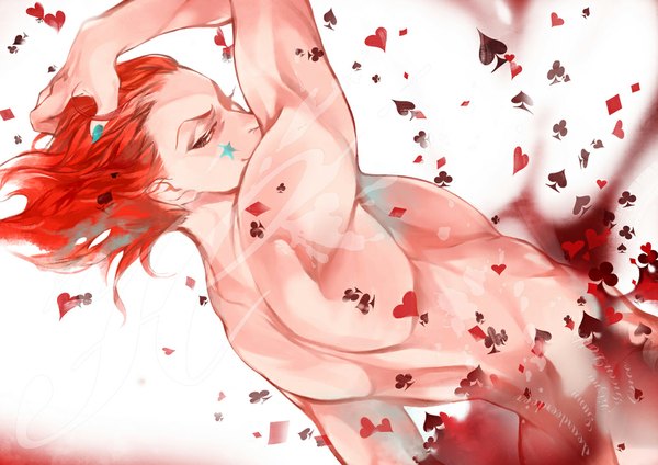 Anime picture 1000x707 with hunter x hunter hisoka (hunter x hunter) 2 (artist) single short hair white background bare shoulders looking back orange hair inscription orange eyes boy