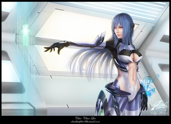 Anime picture 1930x1400 with xenosaga monolith software kos-mos chia-chun lee single long hair highres red eyes standing signed blue hair inscription border pointing girl gloves navel