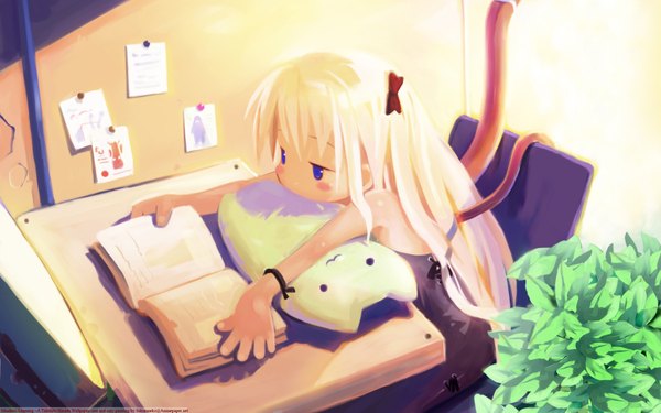 Anime picture 1920x1200 with original harada takehito single long hair blush highres blue eyes blonde hair wide image sitting reading girl bow hair bow bracelet book (books) leaf (leaves) toy stuffed animal chair