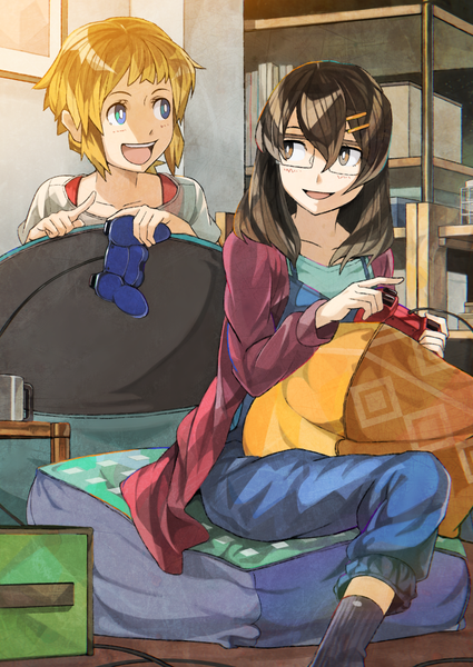 Anime picture 724x1023 with original rano long hair tall image short hair open mouth blue eyes blonde hair brown hair sitting multiple girls brown eyes looking away :d pointing girl 2 girls socks glasses book (books)