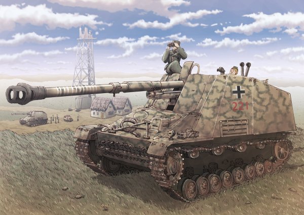 Anime picture 1200x850 with original earasensha sky cloud (clouds) military weapon armor gun binoculars caterpillar tracks