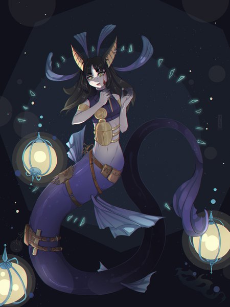 Anime picture 1200x1600 with original basti rin long hair tall image looking at viewer fringe black hair holding signed animal ears yellow eyes tail lips piercing light ear piercing fantasy makeup monster girl fish tail