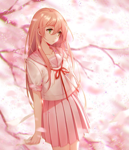 Anime picture 1286x1500 with original niya tidsean single long hair tall image fringe hair between eyes standing green eyes yellow eyes looking away pink hair pleated skirt sunlight cherry blossoms spring girl skirt uniform