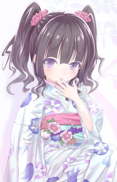 Anime picture 1800x2800 with original wingheart single long hair tall image looking at viewer highres black hair simple background purple eyes twintails japanese clothes finger to mouth short twintails girl flower (flowers) kimono morning glory