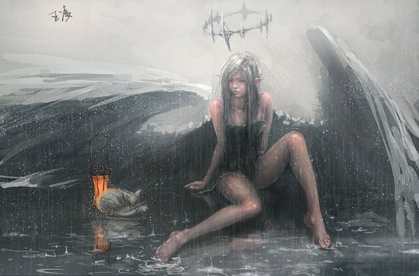 Anime picture 3900x2575 with ghost blade wlop single long hair highres sitting bare shoulders signed absurdres barefoot pointy ears grey hair black eyes realistic grey eyes legs reflection rain angel wings angel