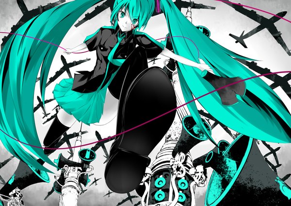 Anime picture 4230x2990 with vocaloid koi wa sensou (vocaloid) hatsune miku phantania highres twintails green eyes absurdres very long hair green hair girl necktie wire (wires) aircraft airplane megaphone