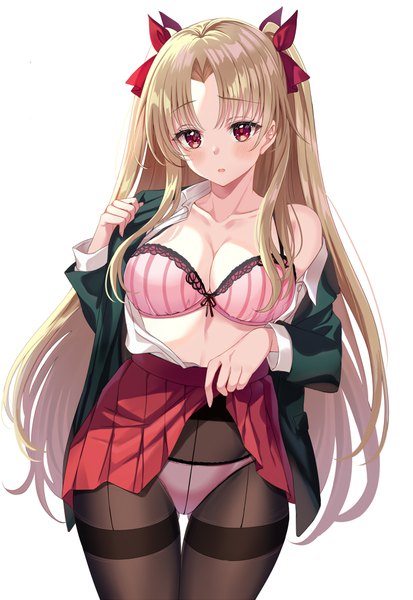 Anime picture 700x1016 with fate (series) fate/grand order ereshkigal (fate) harimoji single long hair tall image looking at viewer blush fringe breasts open mouth light erotic simple background blonde hair red eyes large breasts standing white background pleated skirt