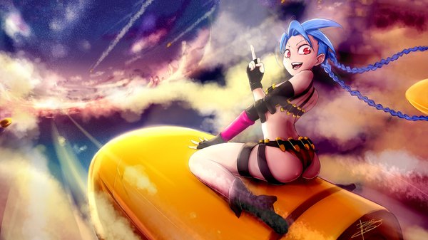 Anime picture 1920x1080 with league of legends jinx (league of legends) bicio single highres open mouth light erotic wide image sitting signed blue hair sky cloud (clouds) ass braid (braids) very long hair pink eyes looking back twin braids wariza