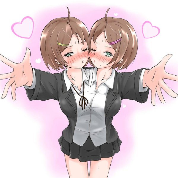 Anime picture 1000x1000 with original ftt looking at viewer blush fringe short hair simple background brown hair standing green eyes ahoge long sleeves one eye closed wink embarrassed thigh gap siamese twins girl skirt miniskirt