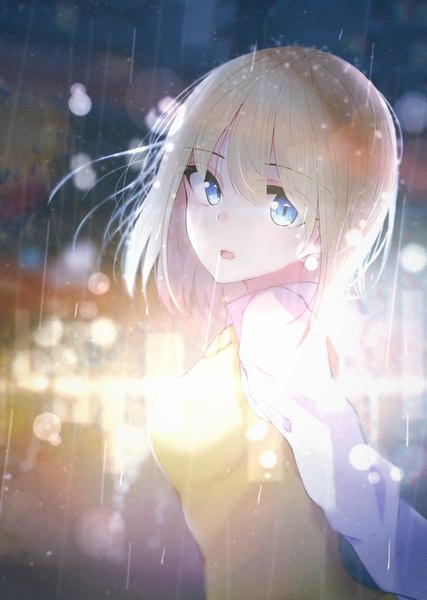 Anime picture 996x1400 with original hyakunin momoko single tall image looking at viewer blush fringe short hair breasts open mouth blue eyes blonde hair hair between eyes payot upper body outdoors blurry night :o wet